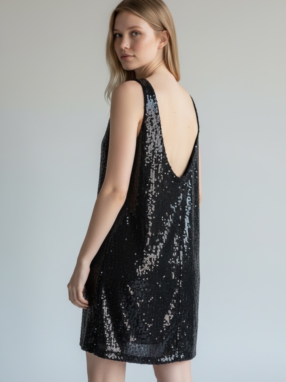Free People Black Sequin Low Back Shift Dress Size 4